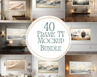 May include: A collection of framed TV mockups featuring various landscape art prints. The images showcase desert dunes, mountain ranges, and forest scenes. The text "40 Frame TV Mockup Bundle" is displayed in a circular design.