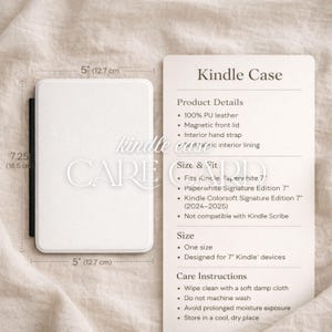 May include: White Kindle case, 5 inches (12.7 cm) wide and 7.25 inches (18.5 cm) tall, with a black spine. The product details include 100% PU leather and a magnetic front lid. The case is designed for 7" Kindle devices.
