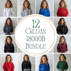 May include: A digital bundle of 12 Gildan 18000B crewneck sweatshirts in various solid colours, including white, grey, blue, red, black, and green. The central circular graphic displays the text 12 GILDAN 18000B BUNDLE in dark green font.