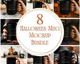 Halloween Black Coffee Mug Mockup Bundle: 15oz Mug, Print On Demand (JPG Digital Download)