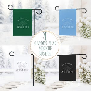 May include: A mockup bundle featuring four garden flags in green, light blue, white, and black, each displayed on a black metal stand. The flags have the text "MY MORNING MOCKUPS" in a circular design. The image includes a circular graphic with the text "24 GARDEN FLAG MOCKUP BUNDLE".