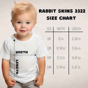 May include: A young child wearing a white t-shirt. The image includes a size chart for Rabbit Skins 3322 shirts, showing measurements in inches for width and length, ranging from 10 inches to 12.99 inches wide and 12.48 inches to 15.47 inches long.