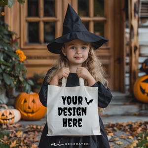 May include: A white canvas tote bag featuring the black text "YOUR DESIGN HERE" and a small bat graphic. The bag has two top handles and is held in front of a black long-sleeved garment and a black pointed witch hat with a wide brim.
