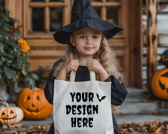 Mockup di borsa tote di Halloween: tela per bambini "Dolcetto o scherzetto" (JPG)