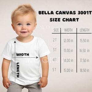 May include: Bella Canvas 3001T size chart for toddler t-shirts. The chart shows the width and length measurements in inches for sizes 2T, 3T, 4T, and 5T.