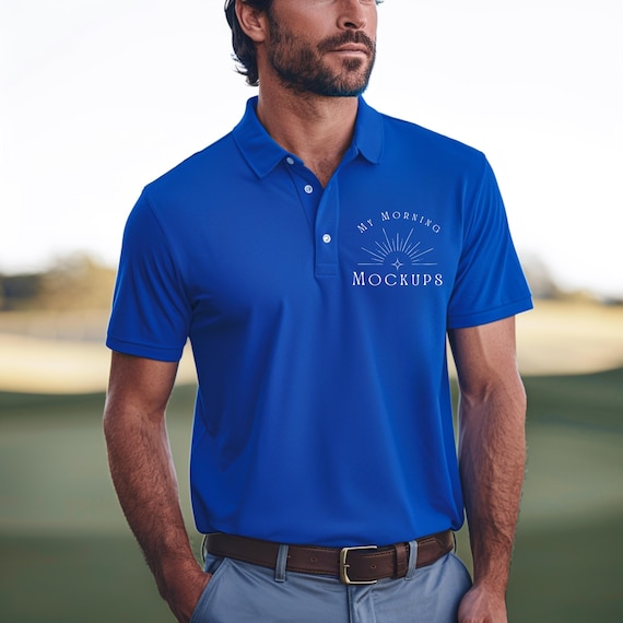 ロイヤルブルーのポロシャツ モックアップ：JERZEES 443 M、オン