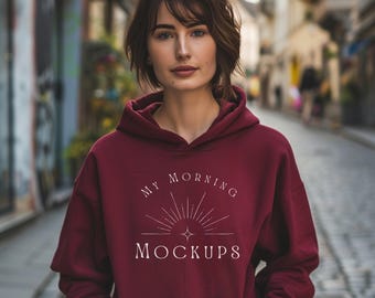 Maroon Gildan 18500 Hoodie Mockup: Contemporary Print-on-Demand (JPG File)