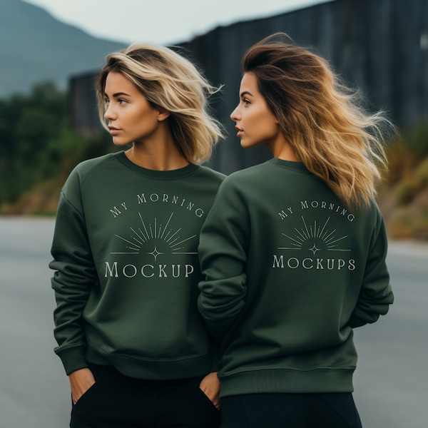 Gildan 18000 Military Green Mockup G18000 Front and Back Mockup Green Sweatshirt Mockup | Front and Back Military Green Sweatshirt Mockup