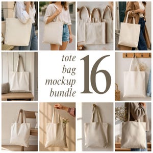 May include: A collection of sixteen plain off-white canvas tote bags shown in various settings. The central text reads tote bag mockup bundle 16. Each bag features two shoulder straps and a rectangular body, presented in multiple lifestyle scenes.
