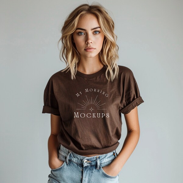 Russet 5000 Mockup T-Shirt Russet 5000 Mock-up Oversized Russet Brown Shirt Mock ups Print on Demand Aesthetic POD 5000 Dark Brown mock up