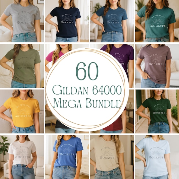 Gildan 64000 Mockup Bundle: T-Shirt Mockups + Size Chart