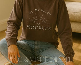 Comfort Colors 6014 Espresso Mockup in a Flatlay - Mp4 Video Canva Tempalte and Jpeg File included 3000X3000 Px