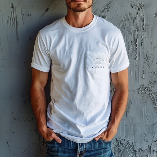 Comfort Colors 6030 Mockup T-shirt Mockup White 6030 Mockup Pocket Tee Mockup Male Mockups Print on Demand Comfort Colors Mockup for Men POD