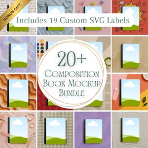 Puede incluir: Un paquete de maquetas de cuadernos de composición con más de 20 diseños. Cada libro tiene un diseño de cielo azul y paisaje verde. La imagen incluye el texto "Includes 19 Custom SVG Labels" y "20+ Composition Book Mockup Bundle".