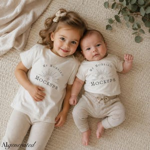 Smiling toddler wearing a white Gildan 5000B t-shirt next to a baby in a Rabbit Skins bodysuit on a soft neutral blanket in warm natural light, styled as a sibling lifestyle mockup for children’s apparel brands.