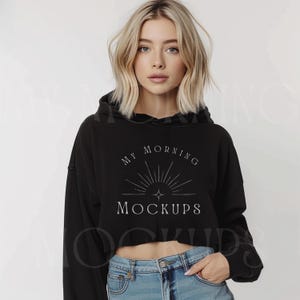 Independent Trading Company AFX64CRP Mockup In Black Hoodie Mockup Black Cropped Hoodie Mockup Black Sweatshirt Mockup For Print on Demand