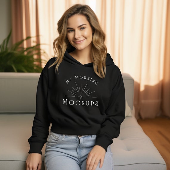 Bella Canvas 7506 ブラック クロップド パーカー モックアップ (JPG