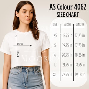 May include: A white crop top with a size chart. The chart shows measurements for sizes XS to XL, with widths ranging from 18.75 inches to 22.75 inches and lengths from 17.25 inches to 19.00 inches. The text "AS Colour 4062" is at the top.