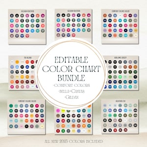 Carta de colores editable para Gildan, Bella+Canvas y Comfort Colors, Editar plantilla de carta de colores en Canva, Carta de colores de marca personalizada