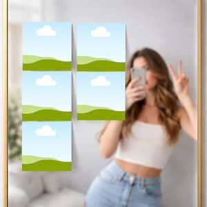 May include: Six square art prints with a landscape design are displayed on a wall. Each print features a blue sky with a white cloud, green hills, and a light blue background. The prints are arranged in a grid pattern.