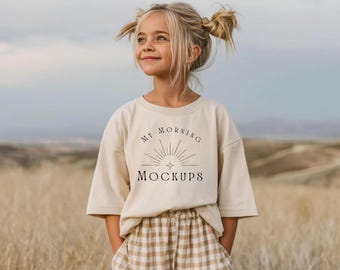 以下が含まれることがあります： 胸元に太陽のグラフィックと「MY MORNING MOCKUPS」の文字が黒でプリントされたクリーム色の半袖Tシャツと、ベージュと白のチェック柄で伸縮性のあるウエスト紐付きのパンツ。