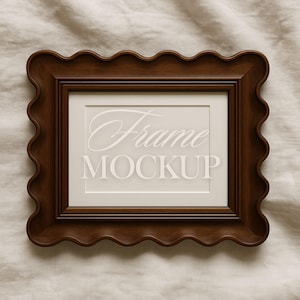 Horizontal 8X10 Frame Mockup with Canva Template: Drag & Drop Frame ( 3000x3000 px) wood frame with scalloped edges laying on a linen like fabric