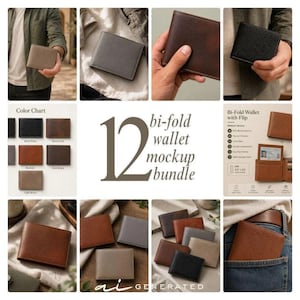 Puede incluir: Una colección de carteras plegables en varios colores, incluyendo negro, marrón y gris. La imagen muestra diferentes estilos de carteras y una carta de colores. También se ve el texto "12 bi-fold wallet mockup bundle".