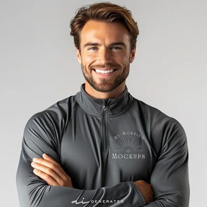 May include: A dark gray long-sleeve quarter-zip pullover featuring a white graphic on the left chest. The graphic displays a sunburst icon above the text MY MORNING MOCKUPS. The garment has a high collar with a central zipper closure.