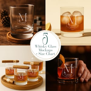 May include: A collection of five whisky glass mockups. The glasses are clear and feature a custom "M" logo within a geometric design, with the text "MY MORNING MOCKUPS". Some glasses contain ice, cigars, or a lemon slice. The image also includes a size chart.