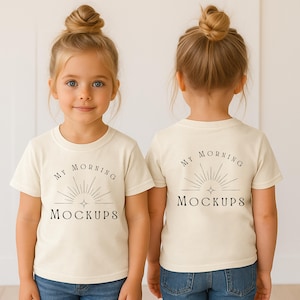 May include: Two children wearing cream-colored t-shirts with the text "MY MORNING MOCKUPS" in black. The design includes a sunburst graphic. The children are wearing blue jeans.