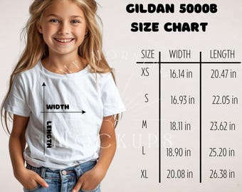 Mockup van de maattabel voor Gildan 5000B kindershirts (digitale download)