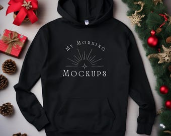 Gildan 18500 Black Hoodie Mockup: Christmas Flat Lay (JPG)