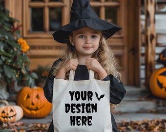 Canvas Tote Bag Mockup Halloween Tote Bag Mockup Canvas Tote Bag Trick or Treat Mockup Kids Canvas Tote Bag Mockup for print on demand
