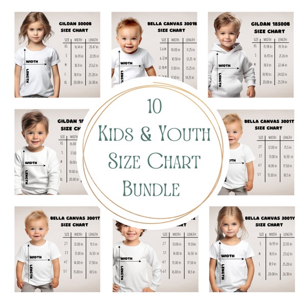 Toddler and Youth Size Chart Mockup Bundle | Kids Size Chart Mockups | Bella Canvas 3001Y Size Chart | Rabbit Skins Size Charts | Gildan