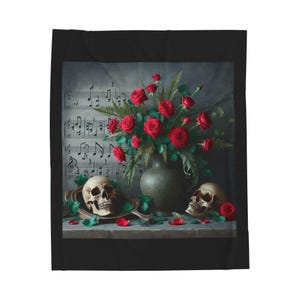 Skulls and Roses Velveteen Plush Blanket - Music Lover Gothic Throw, Cozy Bedroom Decor, Halloween Gift, Rock N Roll Home Accessories,