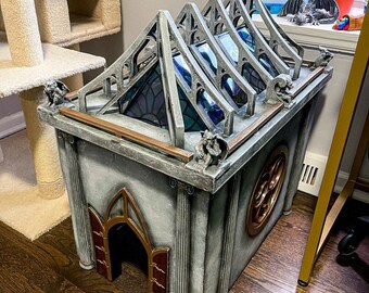 Luxury Gothic Cat Food Hut | Indoor Cathedral Feeder | Raised Eating Table for Whisker Irritation