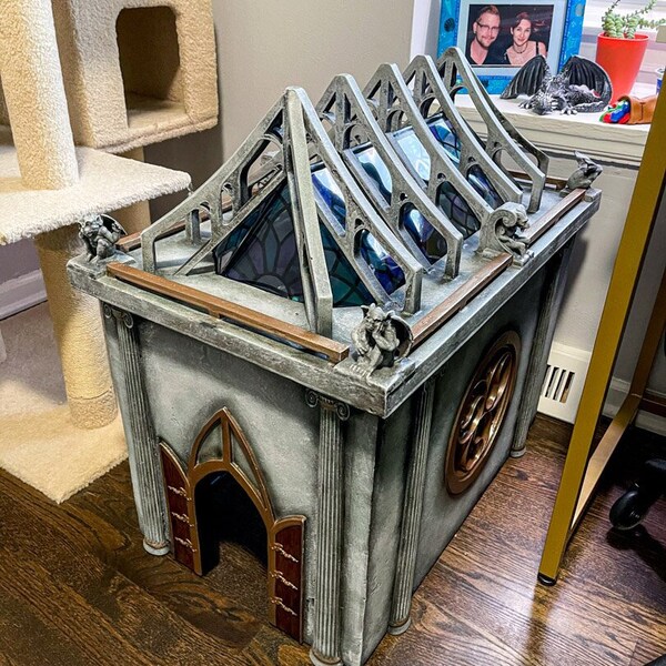 Luxury Gothic Cat Food Hut | Indoor Cathedral Feeder | Raised Eating Table for Whisker Irritation