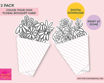 PRINTABLE floral coloring card, color your own card, instant download bouquet, DIY flower card, Easter Cards from kids, adult coloring cards