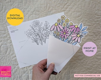 PRINTABLE floral coloring card, color your own card, card from kids, teacher appreciation card, instant download bouquet, DIY flower card