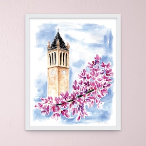 ISU Campanile Watercolor Painting, Iowa State University art print, Ames Iowa graduation print, spring Iowa State art, ISU cyclones painting