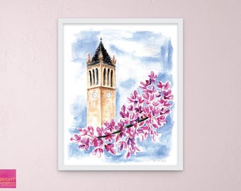 Acuarela del Campanile de la ISU, impresión artística de la Universidad Estatal de Iowa, impresión de graduación de Ames, Iowa, arte de primavera de Iowa State, pintura de los Ciclones de la ISU