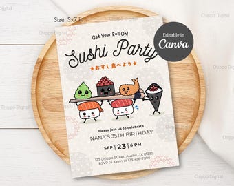 Convite de aniversário Kawaii Sushi: Modelo editável no Canva (5 x 7 polegadas, Download digital)