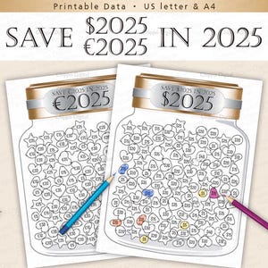 Ahorre en 2025 en el Desafío de ahorro 2025 para imprimir, Desafío de ahorro 2025, Desafío de dinero, Rastreador de ahorro 2025, A4, Carta, Dólares, Euros