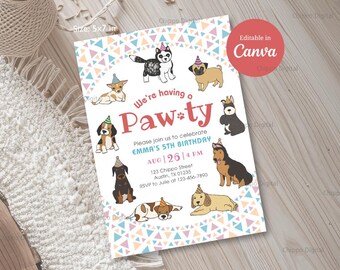 May include: A party invitation with the text "We're having a Pawty" and "Emma's 5th Birthday." The design features cartoon dogs wearing party hats, with a geometric pattern border. The invitation is 5x7 inches.