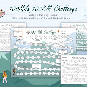 100 Mile Challenge / 100 KM Challenge - wandelen, hardlopen, wandeltracker, bergthema - afdrukbare pdf - A4, Letter