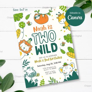 Zwei wilde Geburtstagseinladung: Safari-Dschungeltiere, bearbeitbare Canva-Vorlage (13 x 18 cm, digitaler Download)
