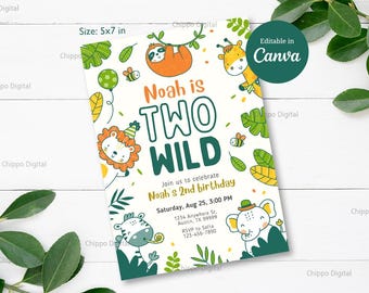 Two Wild Birthday Invitation: Safari Jungle Animals, Editable Canva Template (5x7 in, Digital Download)