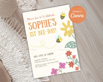 First Bee Day Invitation Template, Editable Party Invite (Canva Template)