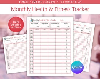 Monthly Health & Fitness Tracker: Editable Self Care Planner (PDF)