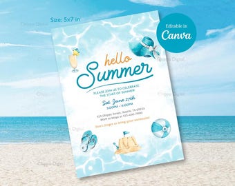 Invitación a fiesta de verano: invitación editable para una fiesta al sol en la piscina (plantilla de Canva)